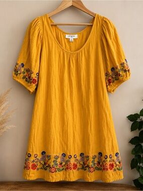Umgee Yellow Embroidered Puff Sleeve Mini Dress